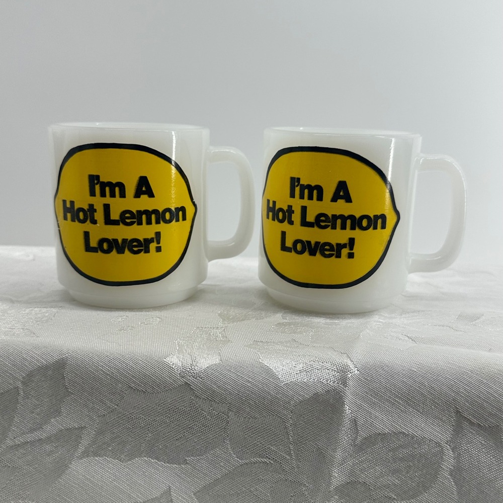 Glasbake Coffee Mugs White Good I'm A Hot Lemon Lover Milk Glass Set x 2 Retro